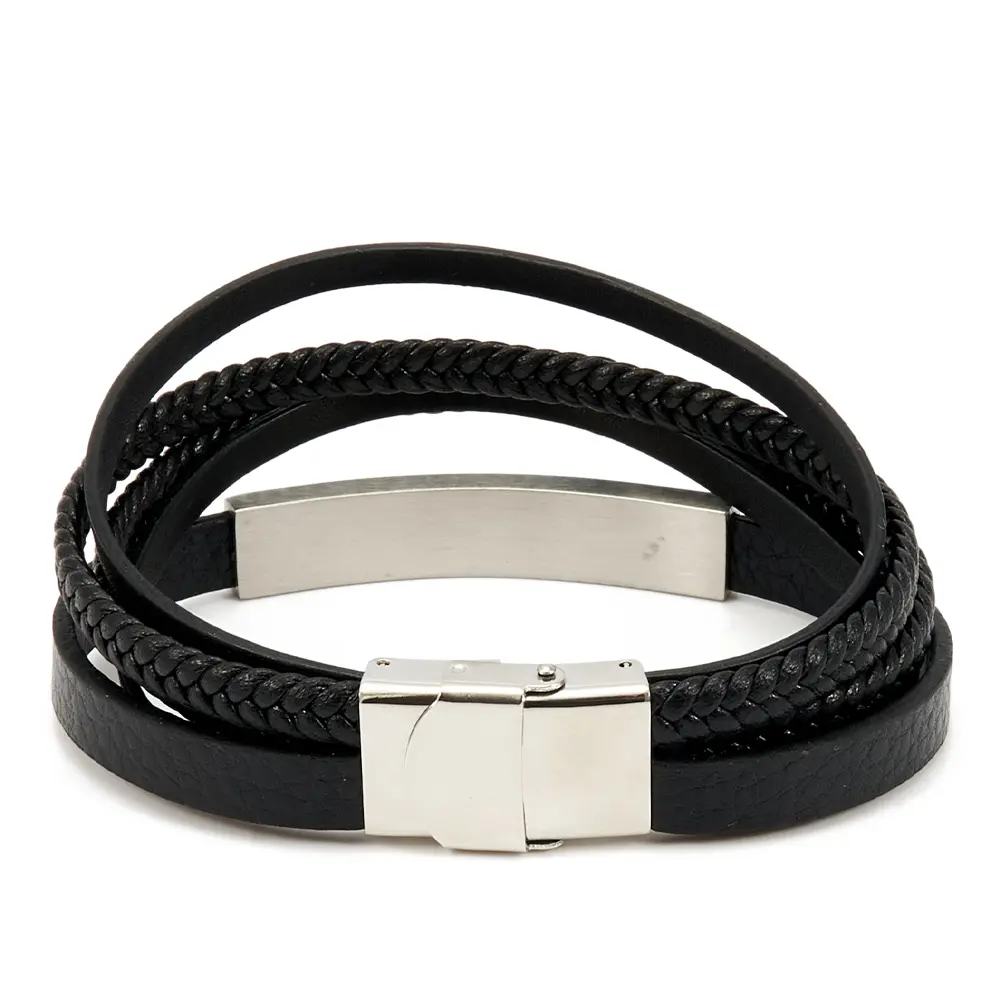 Пользовательский плетеный черный многорядный кожаный браслет с бриллиантами- BaiQue