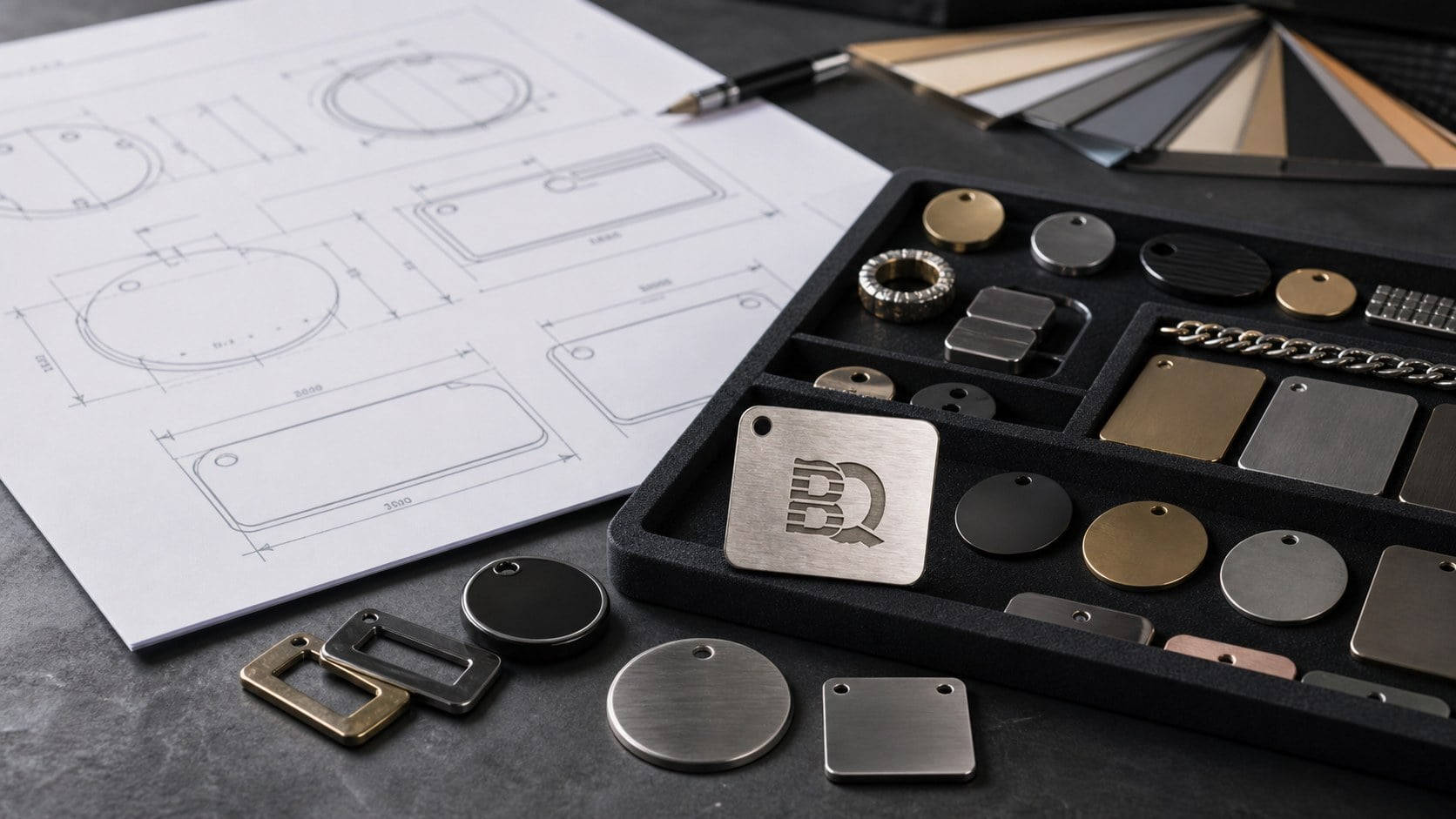 Custom metal accessory artwork-to-sample desk with technical drawings, metal tags, finish swatches, and engraved sample detail