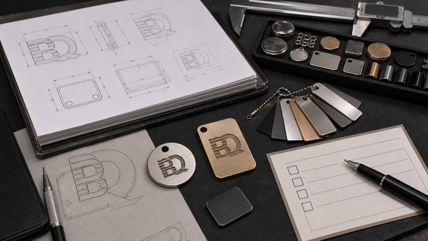 Custom metal accessories file package and sample approval desk with drawings, finish chips, caliper, and metal sample tags