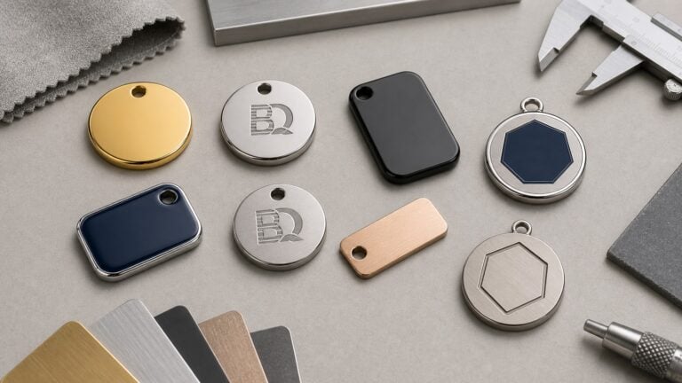 Custom metal accessory finish samples showing PVD, electroplating, enamel fill, resin fill, and brushed metal options