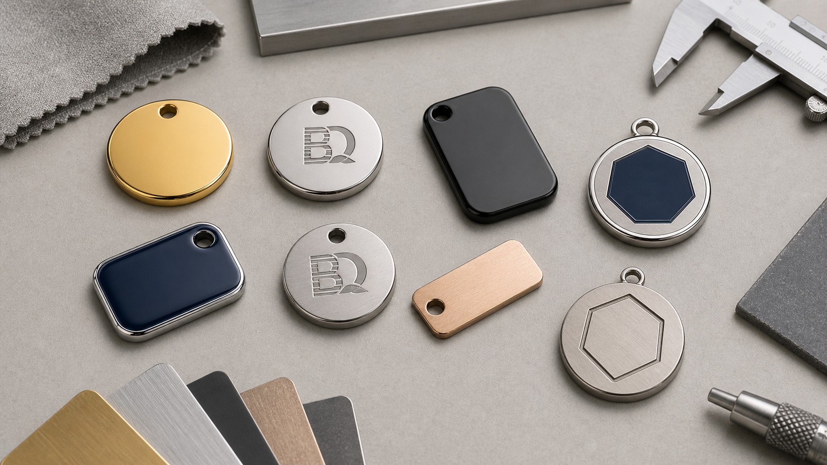 Custom metal accessory finish samples showing PVD, electroplating, enamel fill, resin fill, and brushed metal options