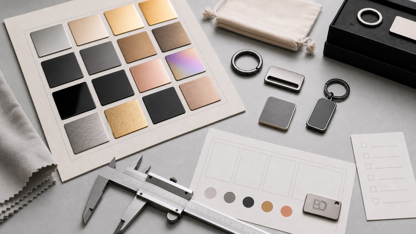 Custom accessory finish swatch board with metal tags, caliper, packaging pouch, and inspection materials
