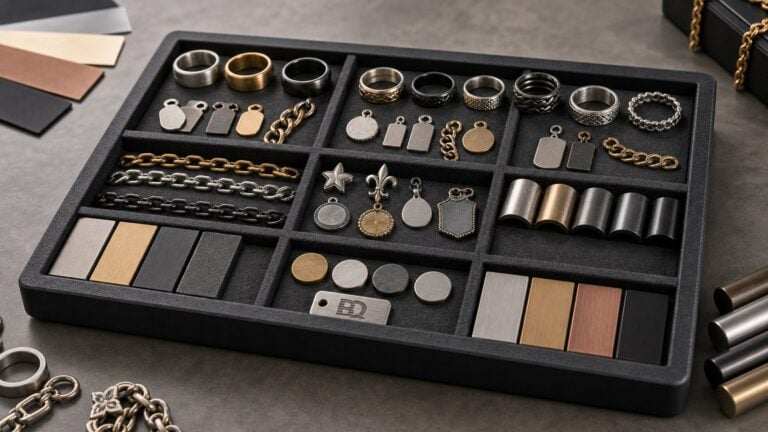 Custom fashion jewelry material comparison tray with zinc alloy, brass, stainless steel, and silver sample pieces
