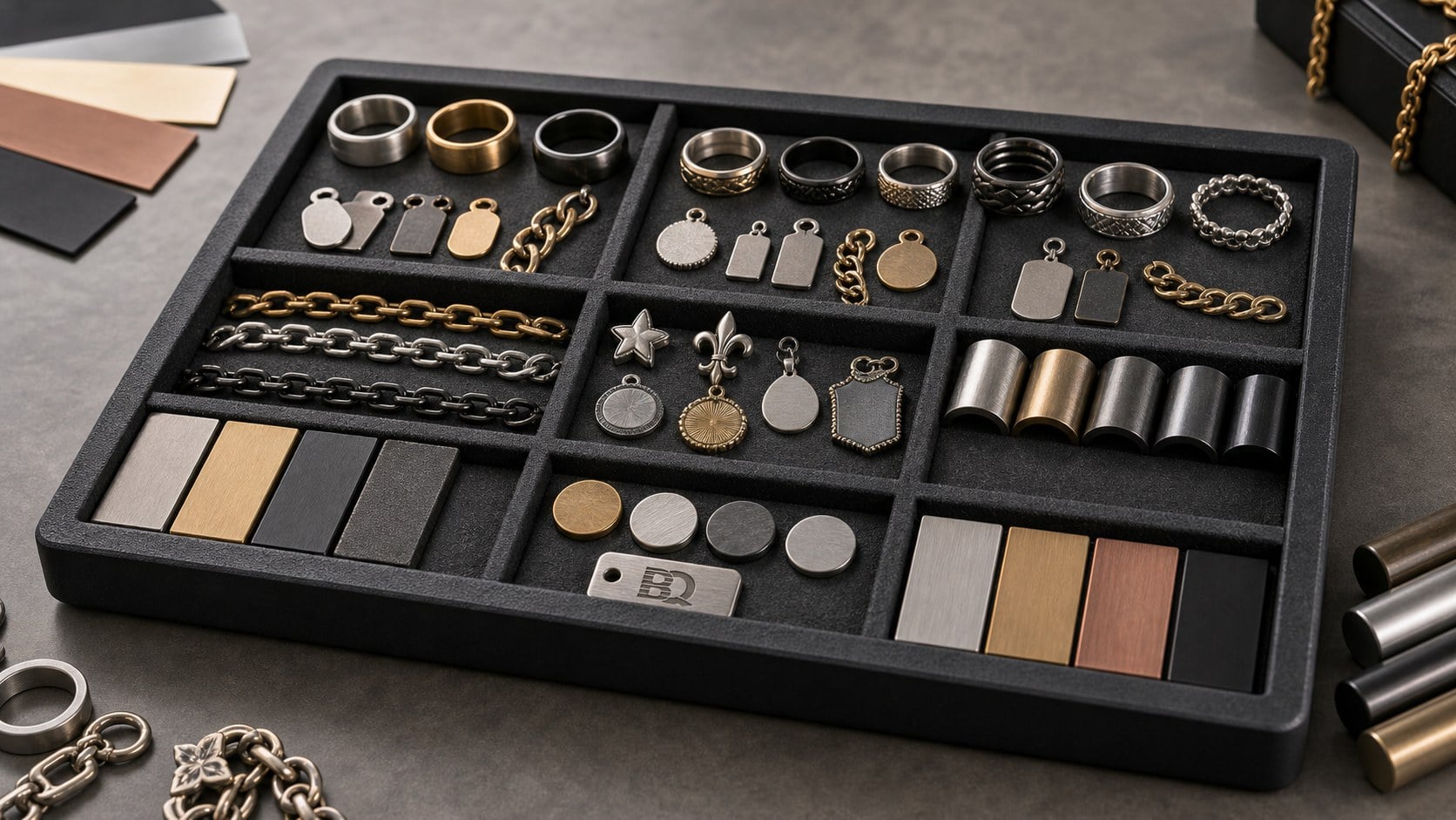 Custom fashion jewelry material comparison tray with zinc alloy, brass, stainless steel, and silver sample pieces