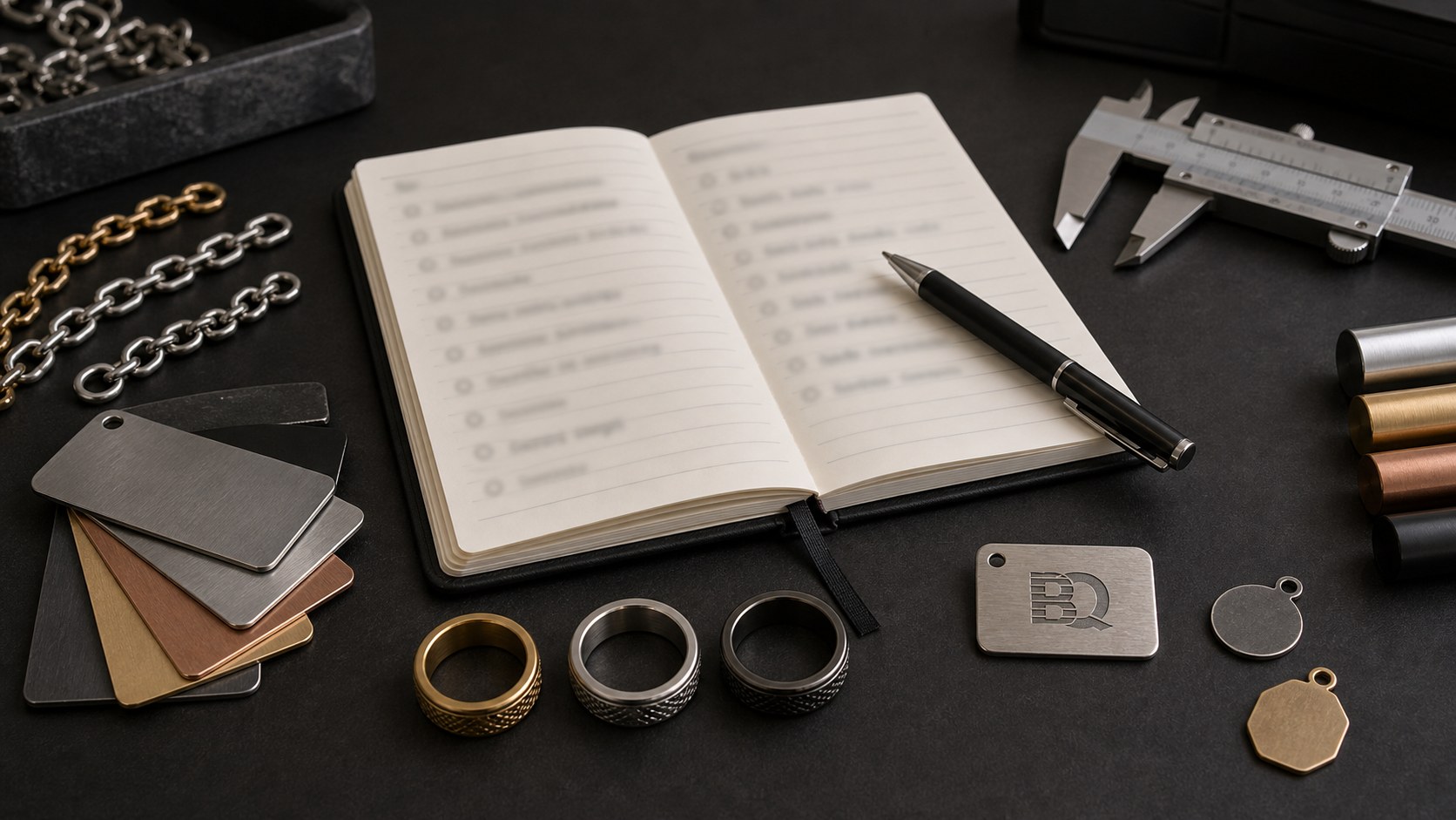 Custom fashion jewelry quote request and sample check desk with material swatches, rings, chain segments, and engraved sample tag