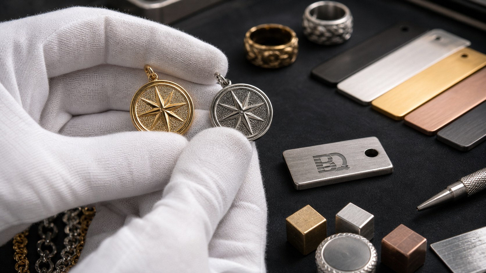 Custom jewelry sample inspection with gloved hands, metal tags, pendant samples, and finish swatches
