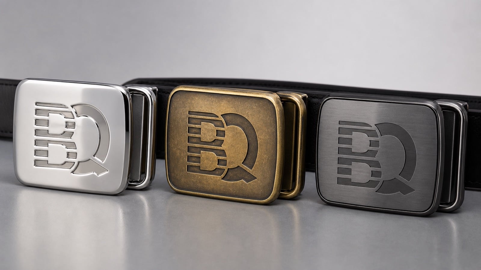 Three custom belt buckle samples with BQ logo relief, debossed, and laser-engraved surface treatments