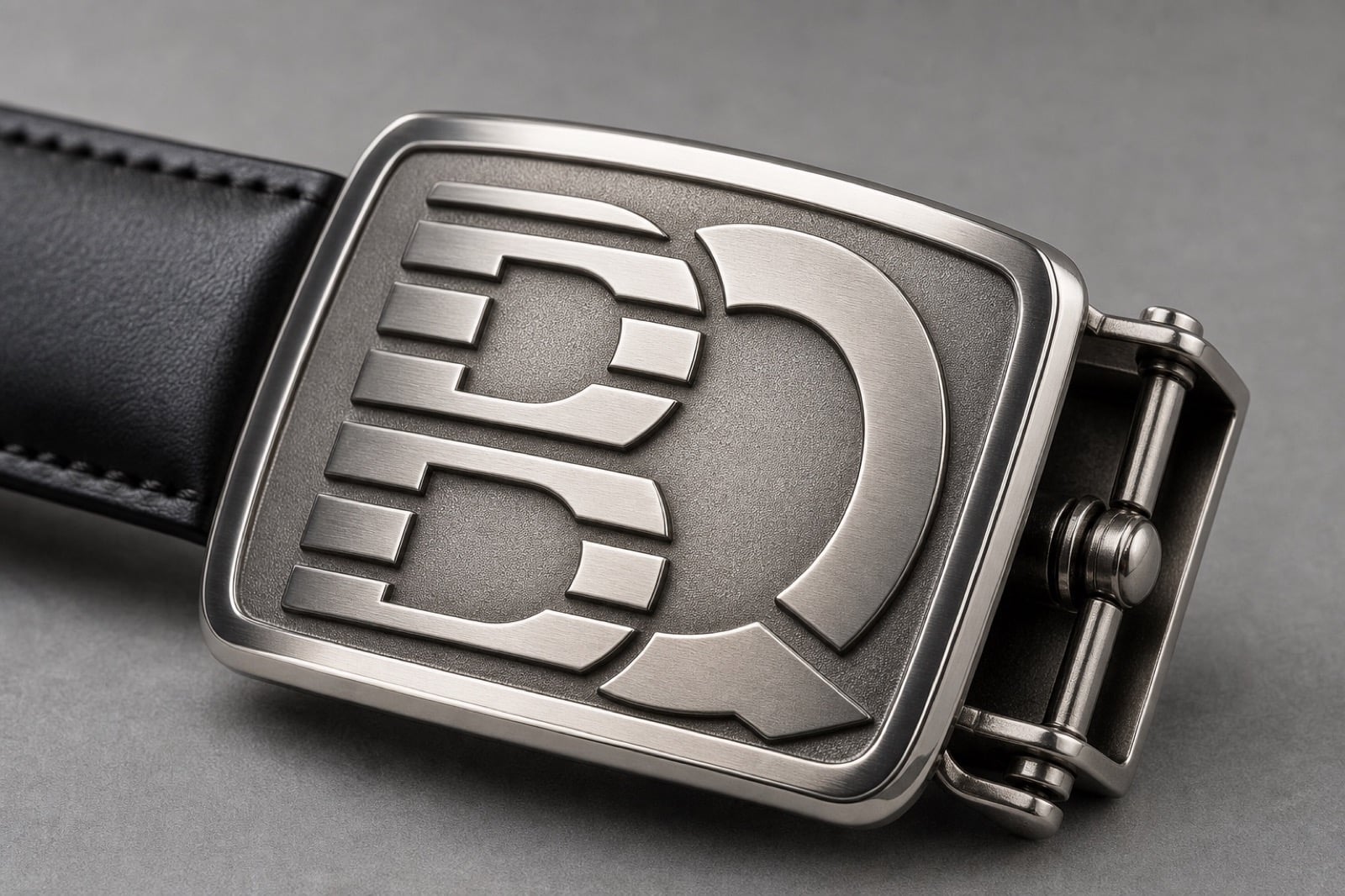 Close-up of a custom belt buckle with raised BQ logo relief, beveled edges, and attachment hardware