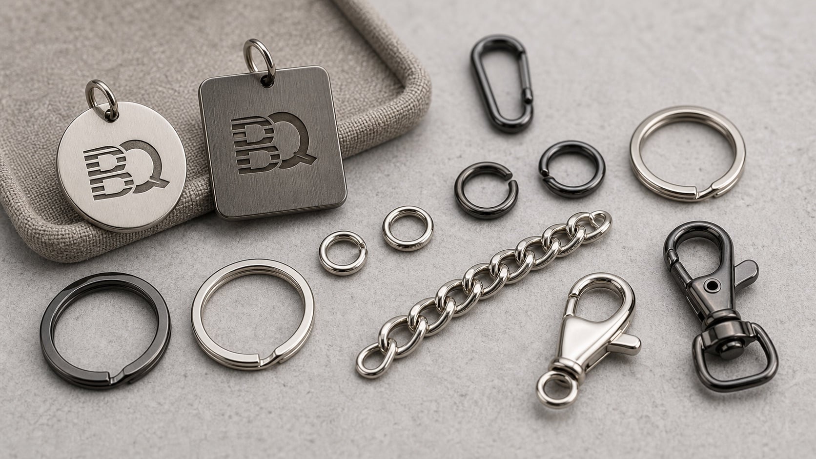 Custom keychain connector options including jump rings, split rings, chain, clasp, swivel hook, and BQ-mark metal sample charms.