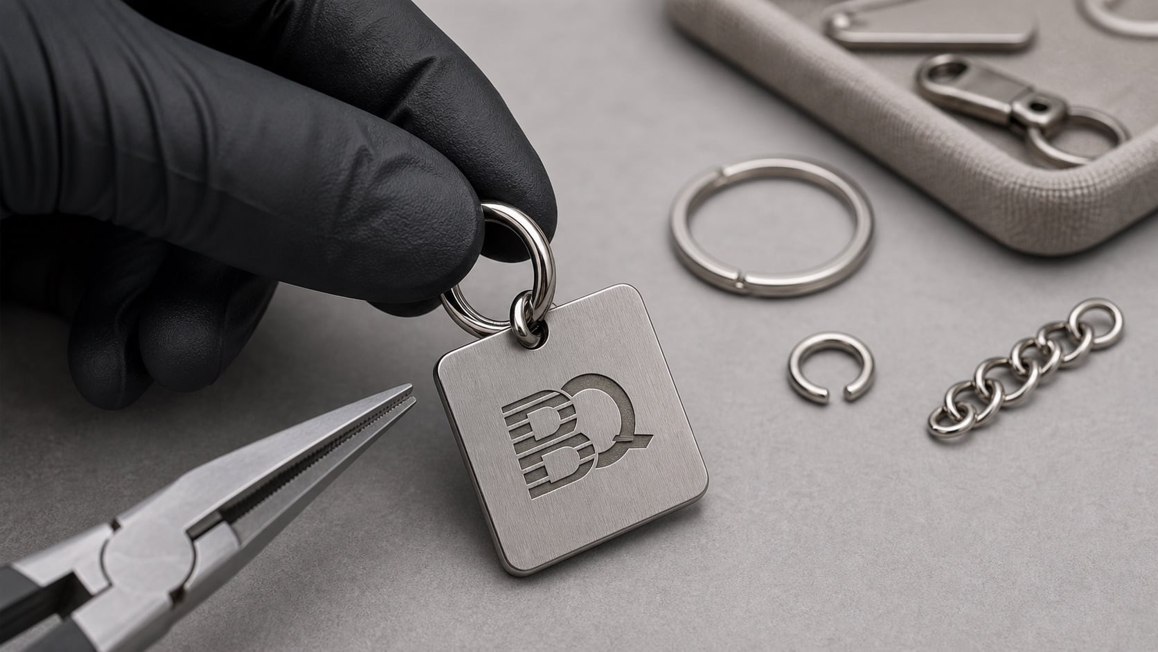 Sampling check of a connector ring passing through a BQ-mark custom metal keychain charm attachment hole.