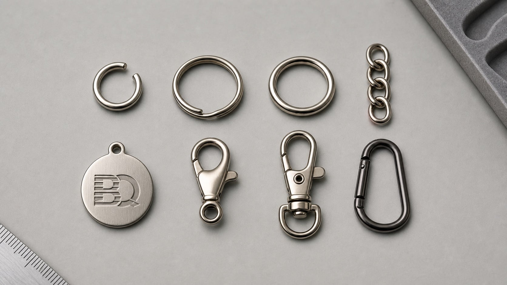 Keychain hardware comparison with open jump ring, split ring, closed ring, chain, lobster clasp, swivel hook, carabiner, and BQ-mark charm.