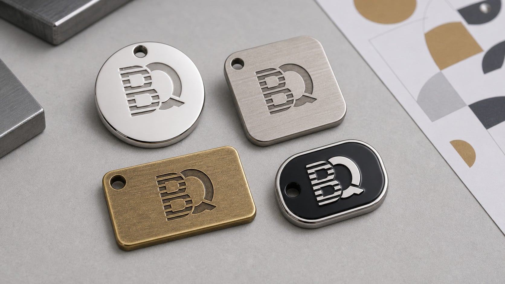 Custom metal samples showing raised, recessed, engraved, and enamel-filled logo methods