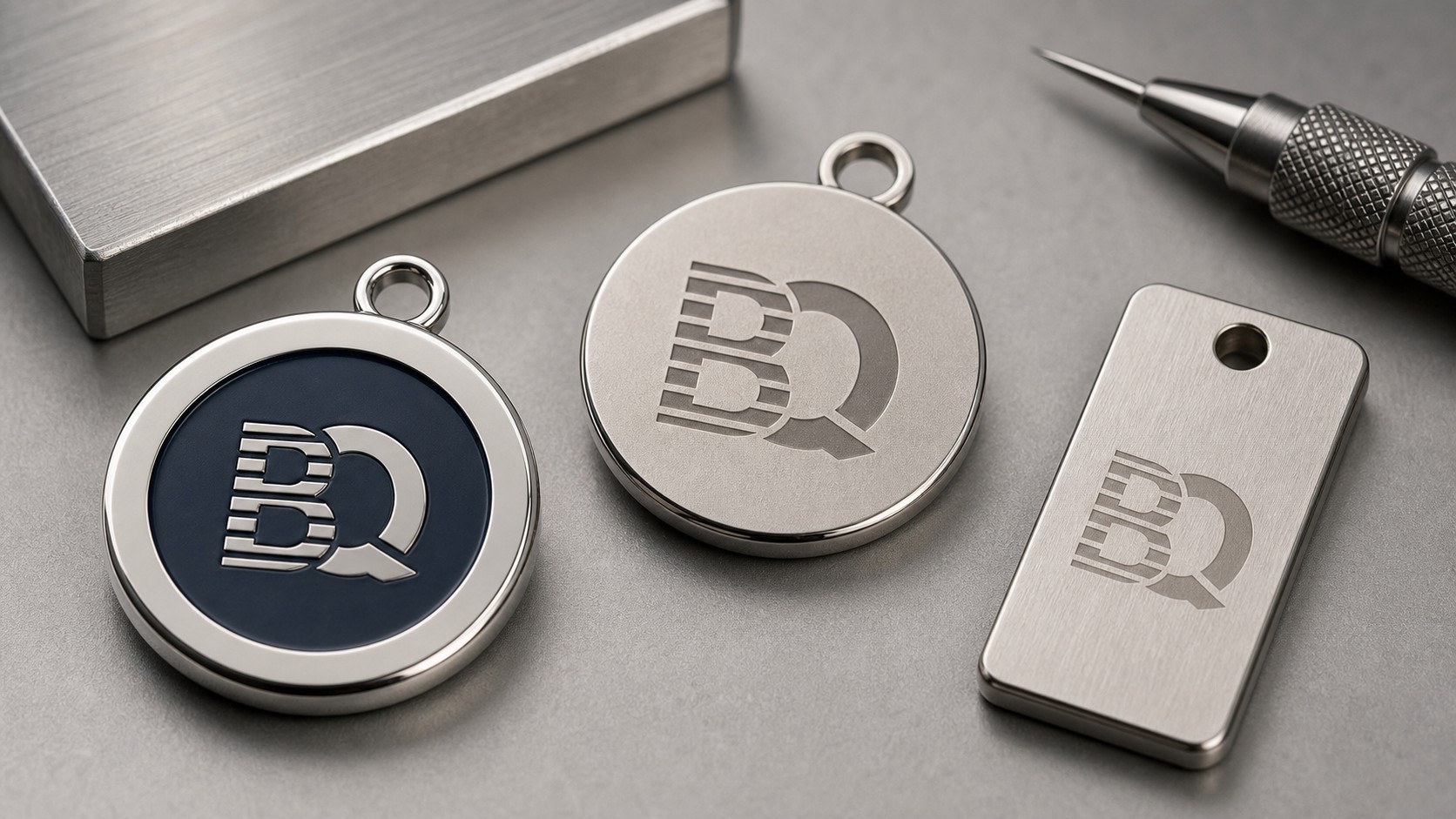 Close-up of custom metal charms showing recessed logo detail, enamel fill, and polished plated edges