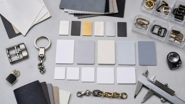 Custom accessory MOQ planning board with material samples, finish chips, SKU cards, and quantity planning notes