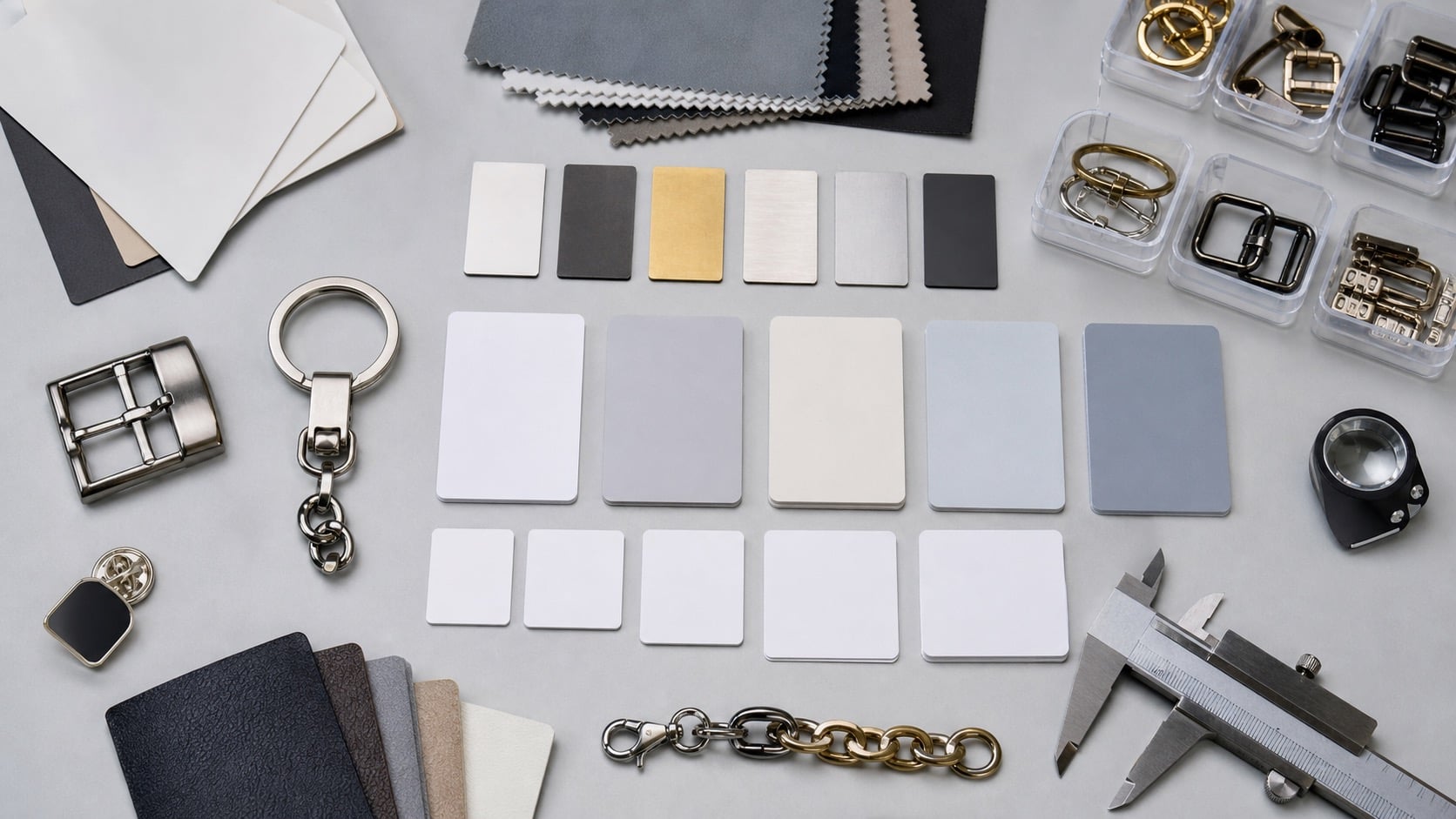 Custom accessory MOQ planning board with material samples, finish chips, SKU cards, and quantity planning notes