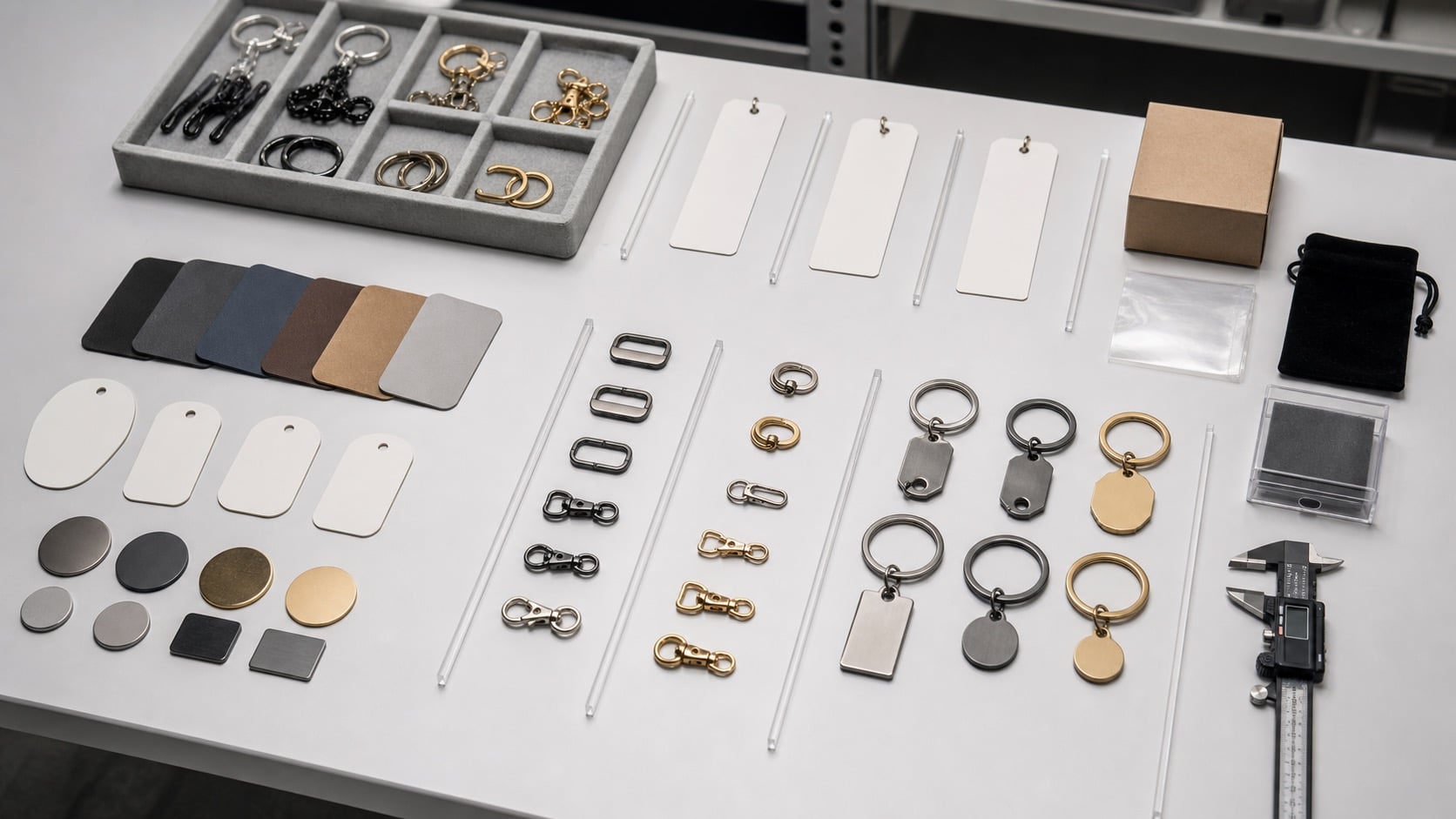 Custom accessory MOQ variable decision layout with material samples, finish chips, hardware options, and packaging samples