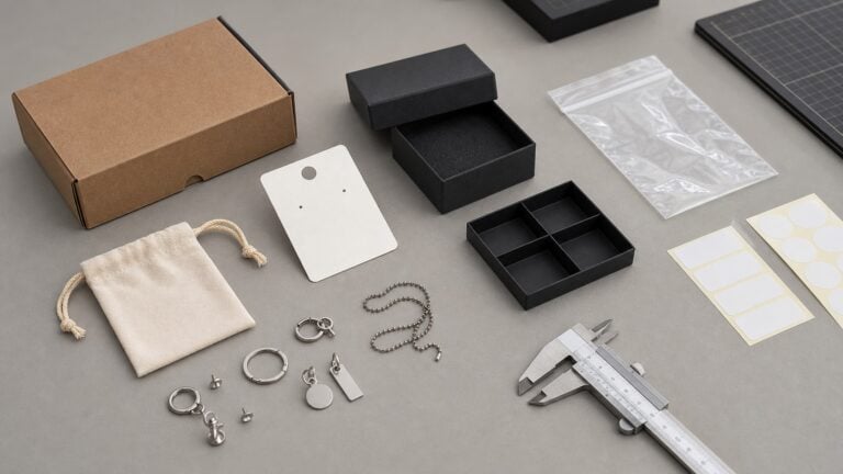Custom accessories packaging decision layout with pouches, boxes, labels, cartons, and accessory samples