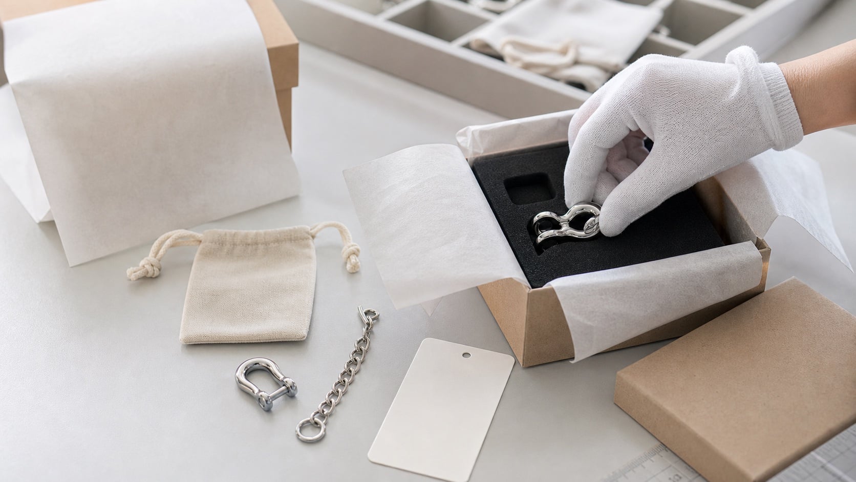 Packaging sample protection check for polished custom accessories with pouch, tray, carton, and tissue wrap