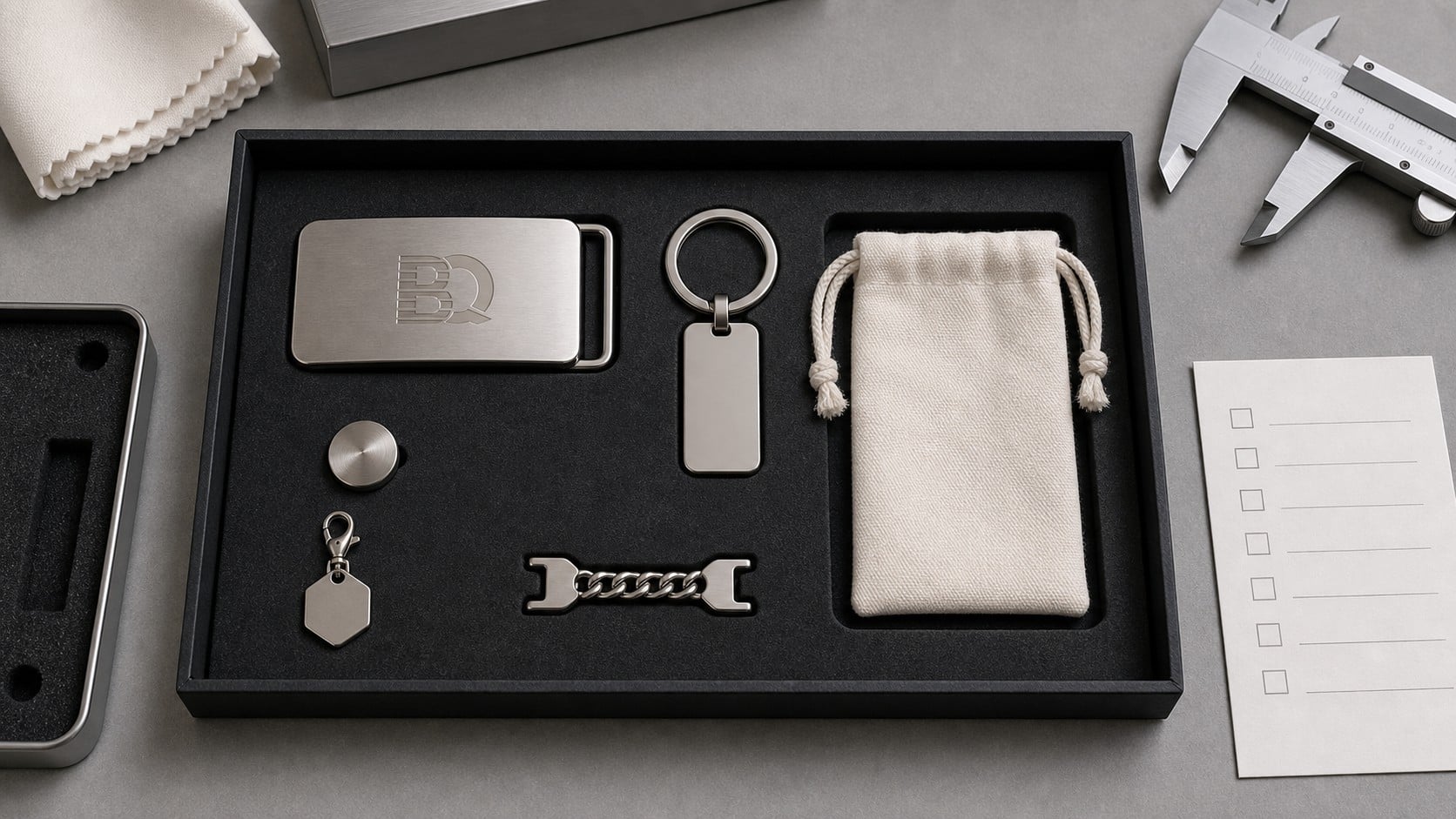 Sample approval tray with custom accessory hardware, packaging pouch, caliper, and inspection checklist card