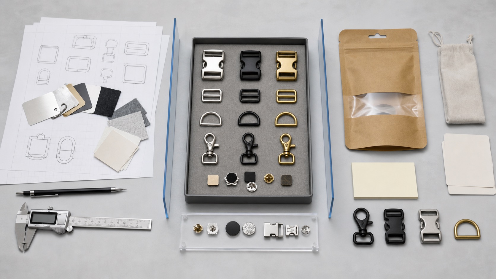 Custom accessory sampling delay map layout with design sheets, sample tray, hardware, packaging, and approval cards
