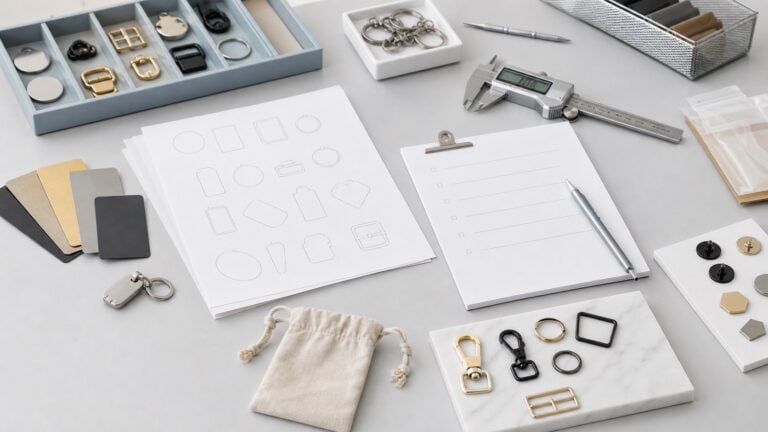Custom accessory sampling workflow desk with artwork sheets, caliper, finish chips, hardware samples, packaging pouch, and feedback notes