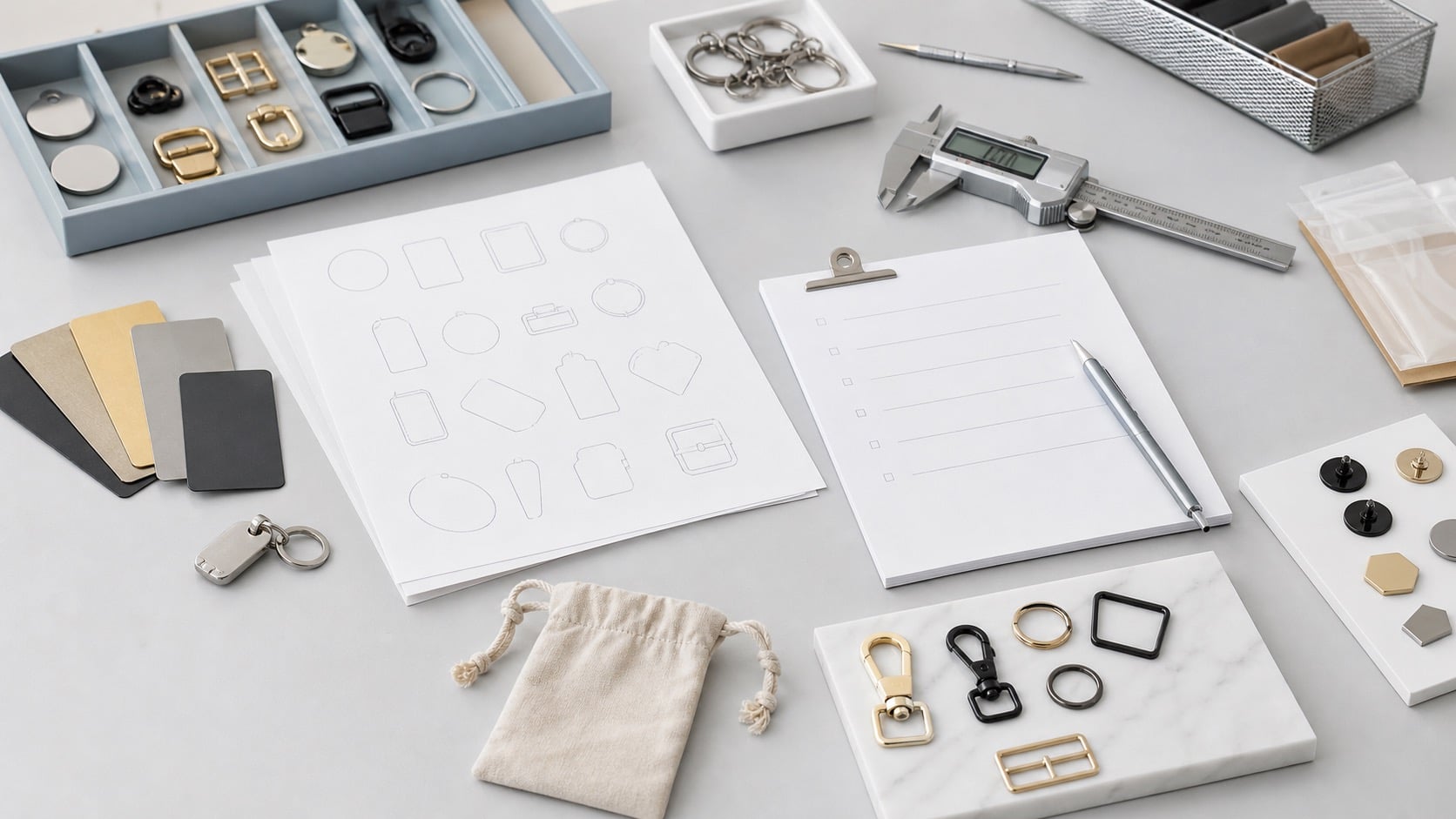 Custom accessory sampling workflow desk with artwork sheets, caliper, finish chips, hardware samples, packaging pouch, and feedback notes