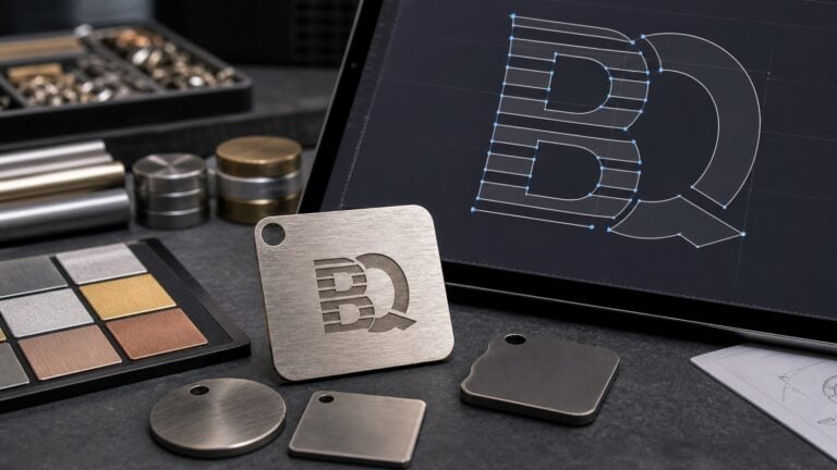 Vector artwork review screen beside a brushed custom metal sample with engraved Baique mark