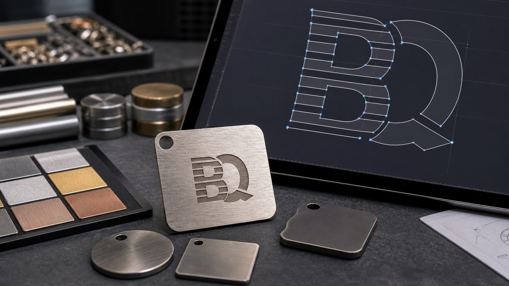 Vector artwork review screen beside a brushed custom metal sample with engraved Baique mark
