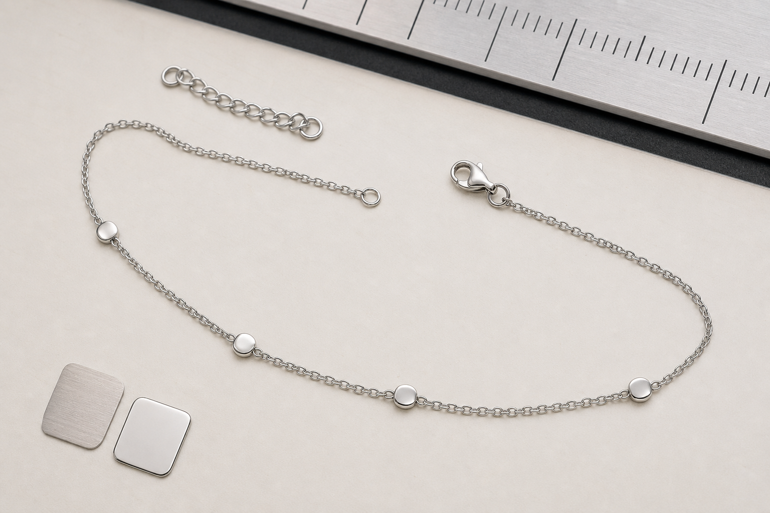 Custom anklet sample with fine chain clasp connector rings extender and measurement ruler