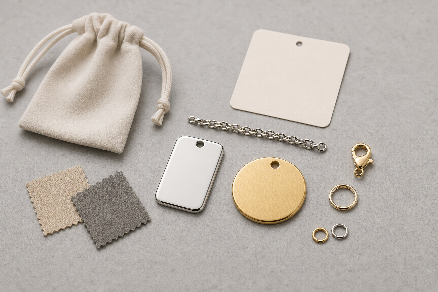 Custom bag charms with metal charm bodies chain clasp pouch backing card and material swatches