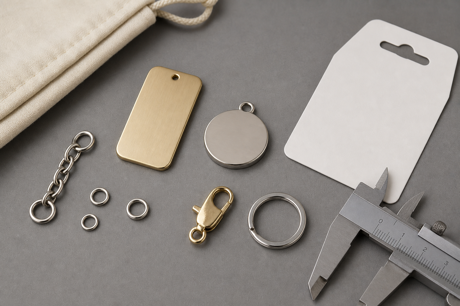Custom bag charm connector rings chain clasp backing card and inspection caliper