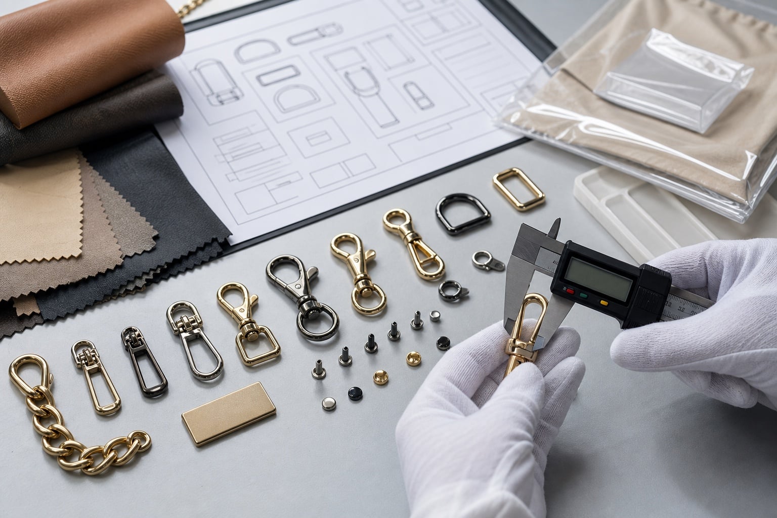 Custom bag hardware sample approval inspection with caliper hardware map packaging and leather swatches