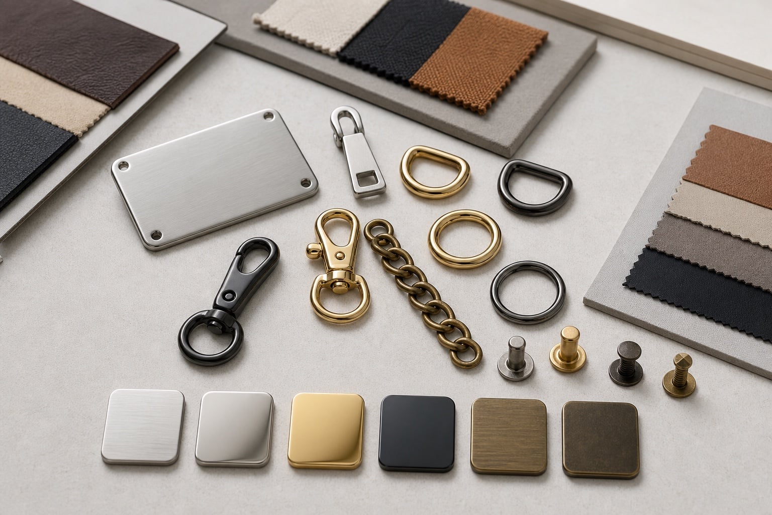 Custom bag hardware layout with logo plate zipper pull rings chain fabric swatches and finish samples