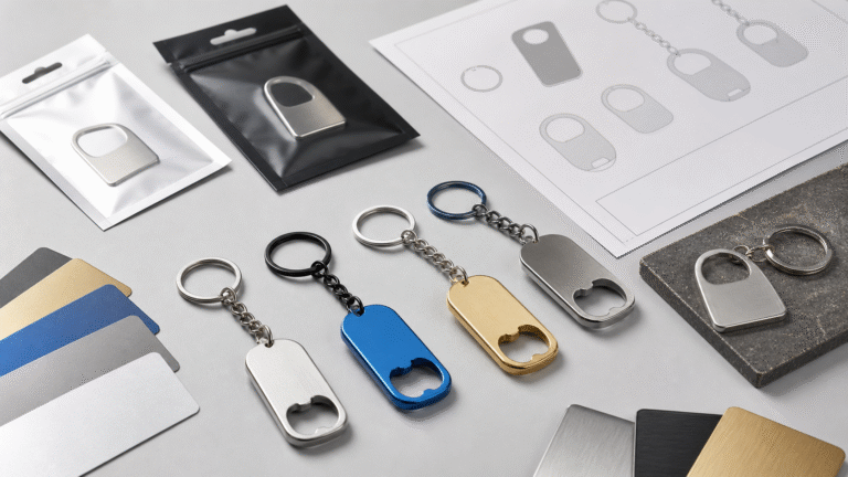 Custom metal bottle opener keychain samples with finish swatches packaging and artwork review sheet
