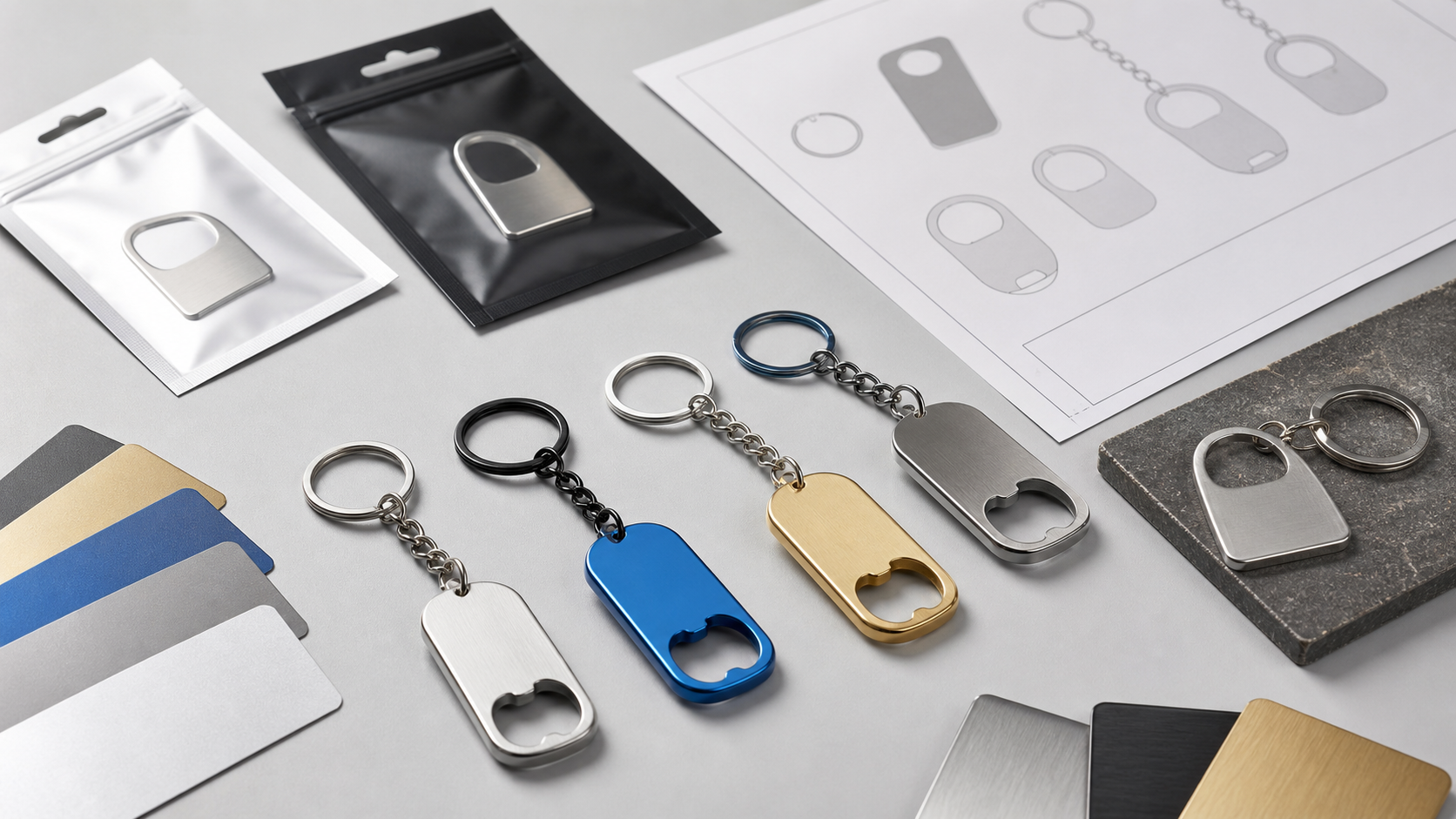Custom metal bottle opener keychain samples with finish swatches packaging and artwork review sheet