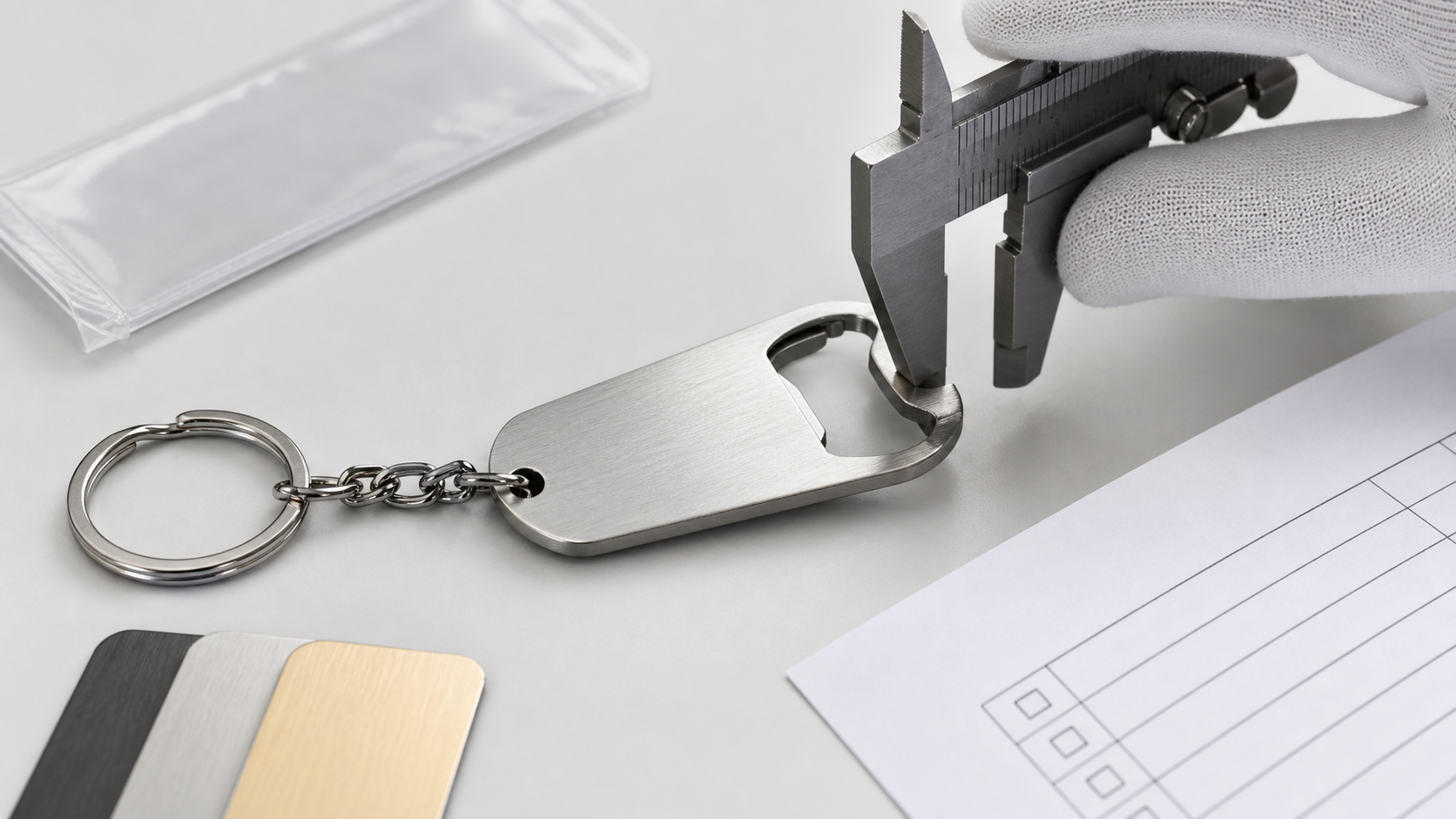 Custom bottle opener keychain sample approval with caliper ring chain finish swatches and packaging