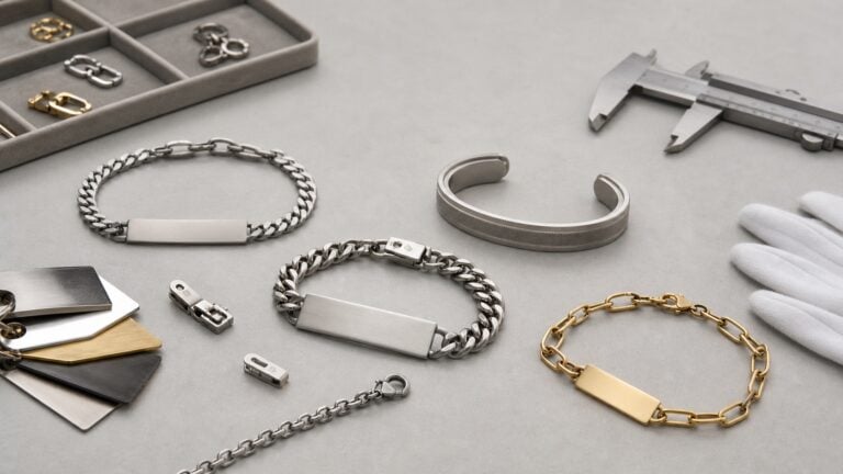 Custom bracelet samples with clasps chain length calipers and finish swatches for sample approval