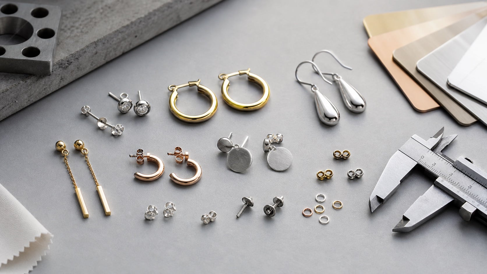 Custom earring samples with posts backs hoops and finish swatches for manufacturing review