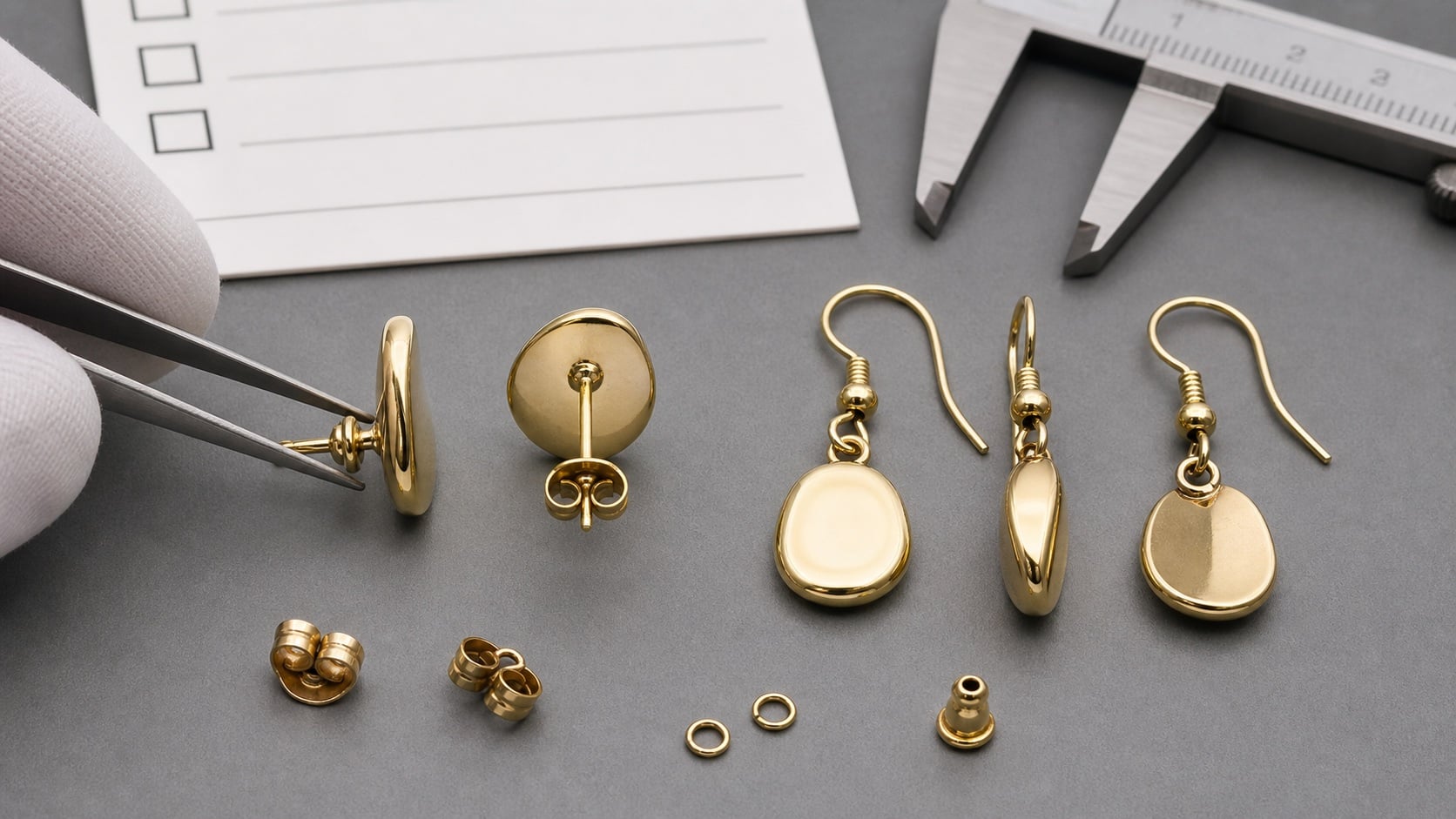 Custom earring sample approval showing backs posts hooks and plating checks