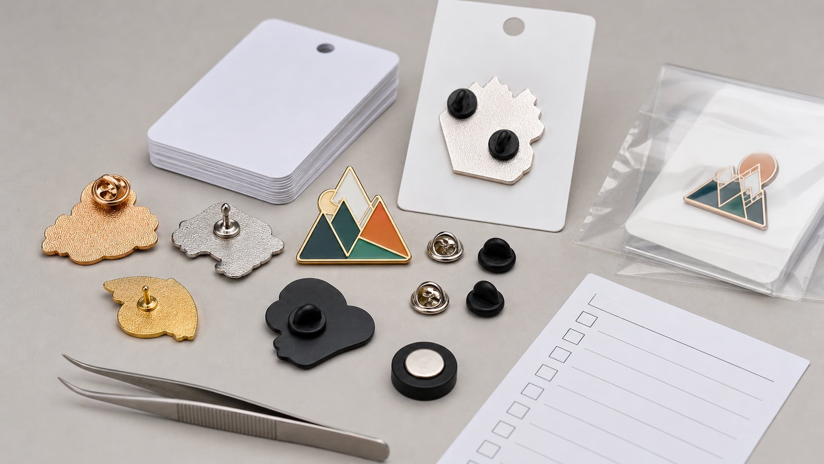 Custom enamel pin backing samples, blank packaging cards, pouches, and approval checklist