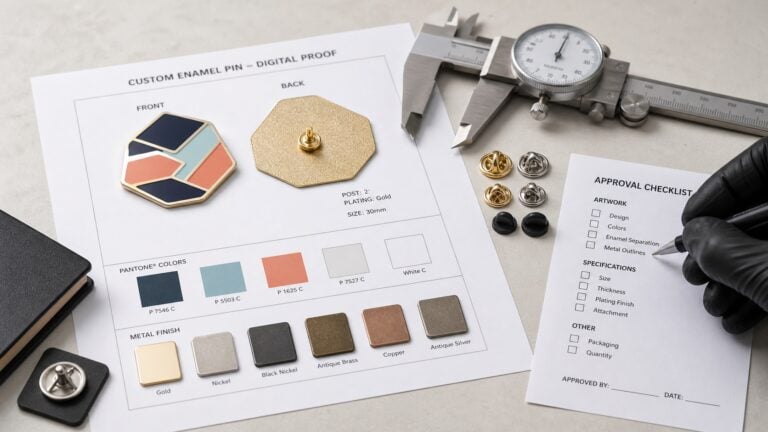 Custom enamel pin proof with color swatches, backing samples, caliper, and approval checklist