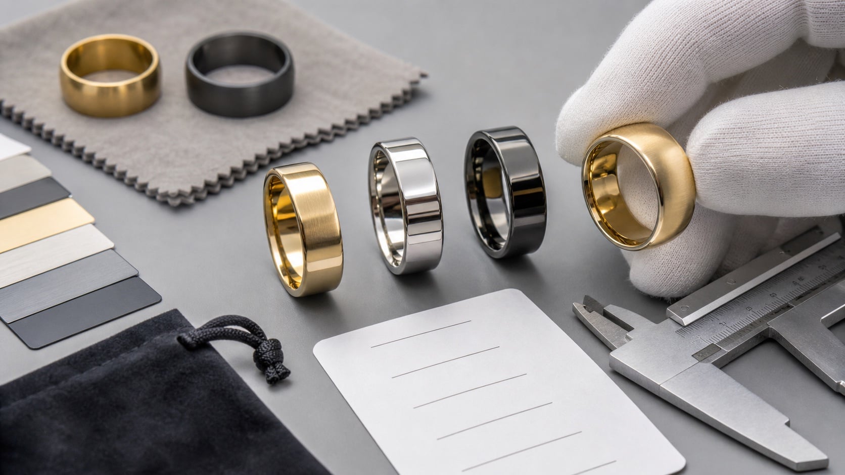 Custom fashion ring inspection showing inner edge finish swatches caliper and packing check