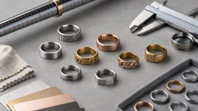 Custom fashion ring samples with sizing mandrel caliper and finish swatches for sample approval