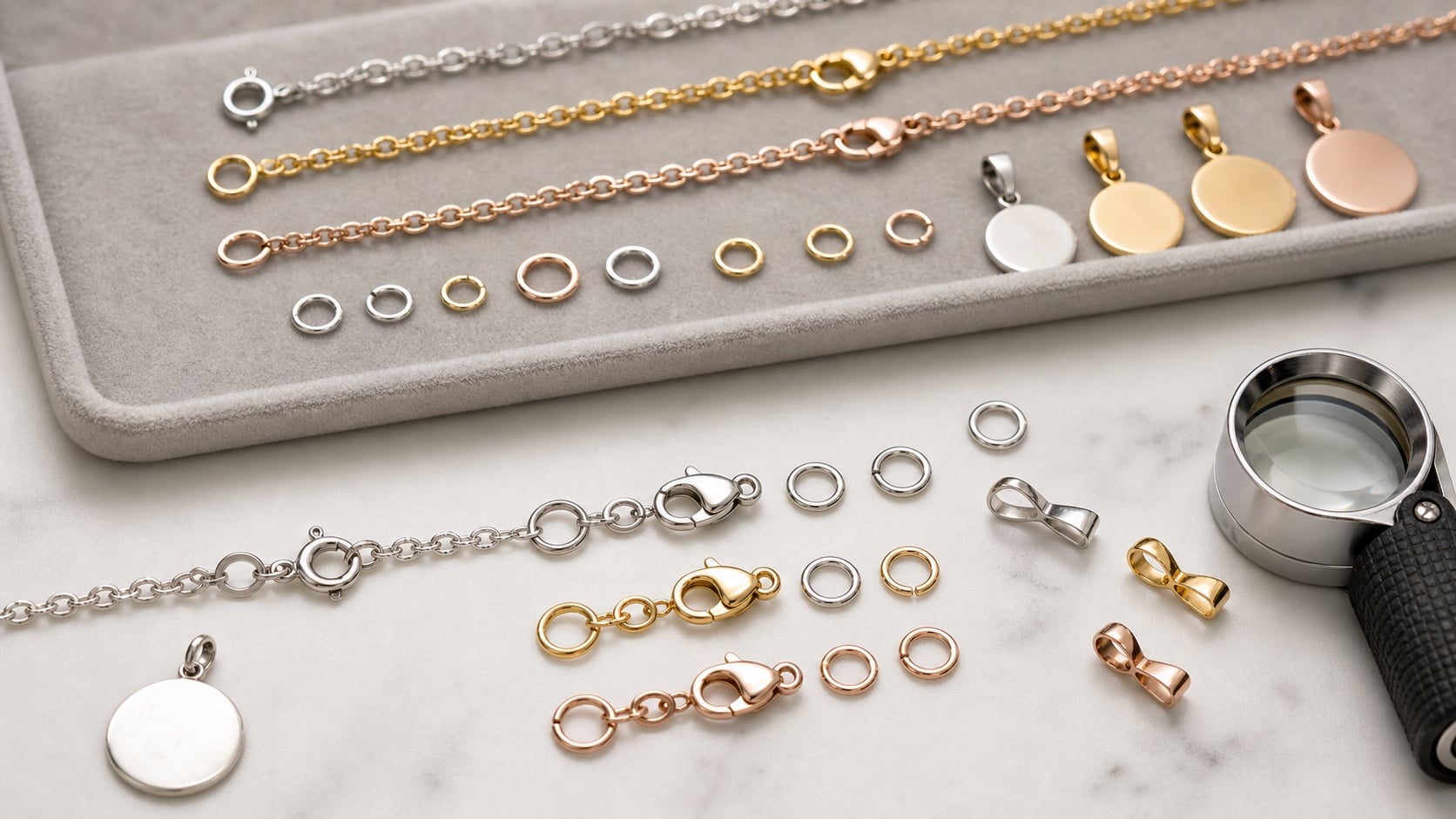 Jewelry clasps, jump rings, bails, and connector chains checked for fit and finish matching