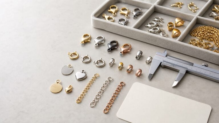 Custom jewelry findings arranged for clasp, bail, jump ring, and connector sample review