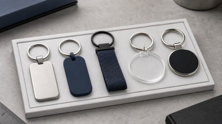 Blank custom keychain material samples in metal, rubber, fabric, acrylic, and enamel-style finishes