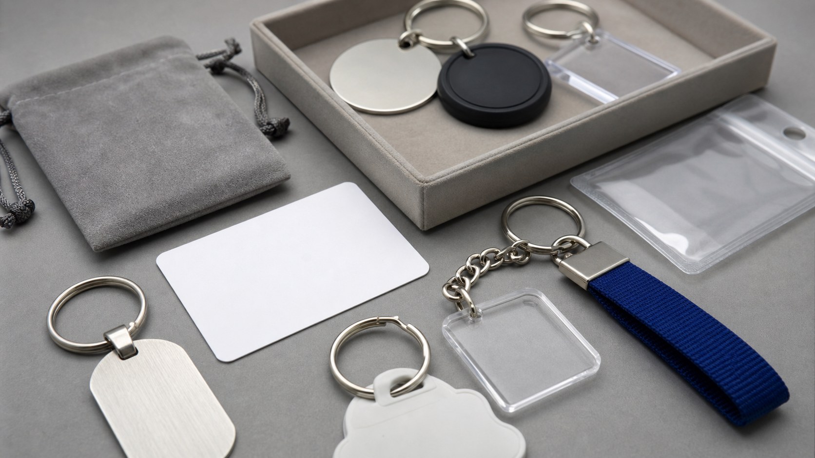 Custom keychain material samples with rings, chain, pouch, and attachment inspection details