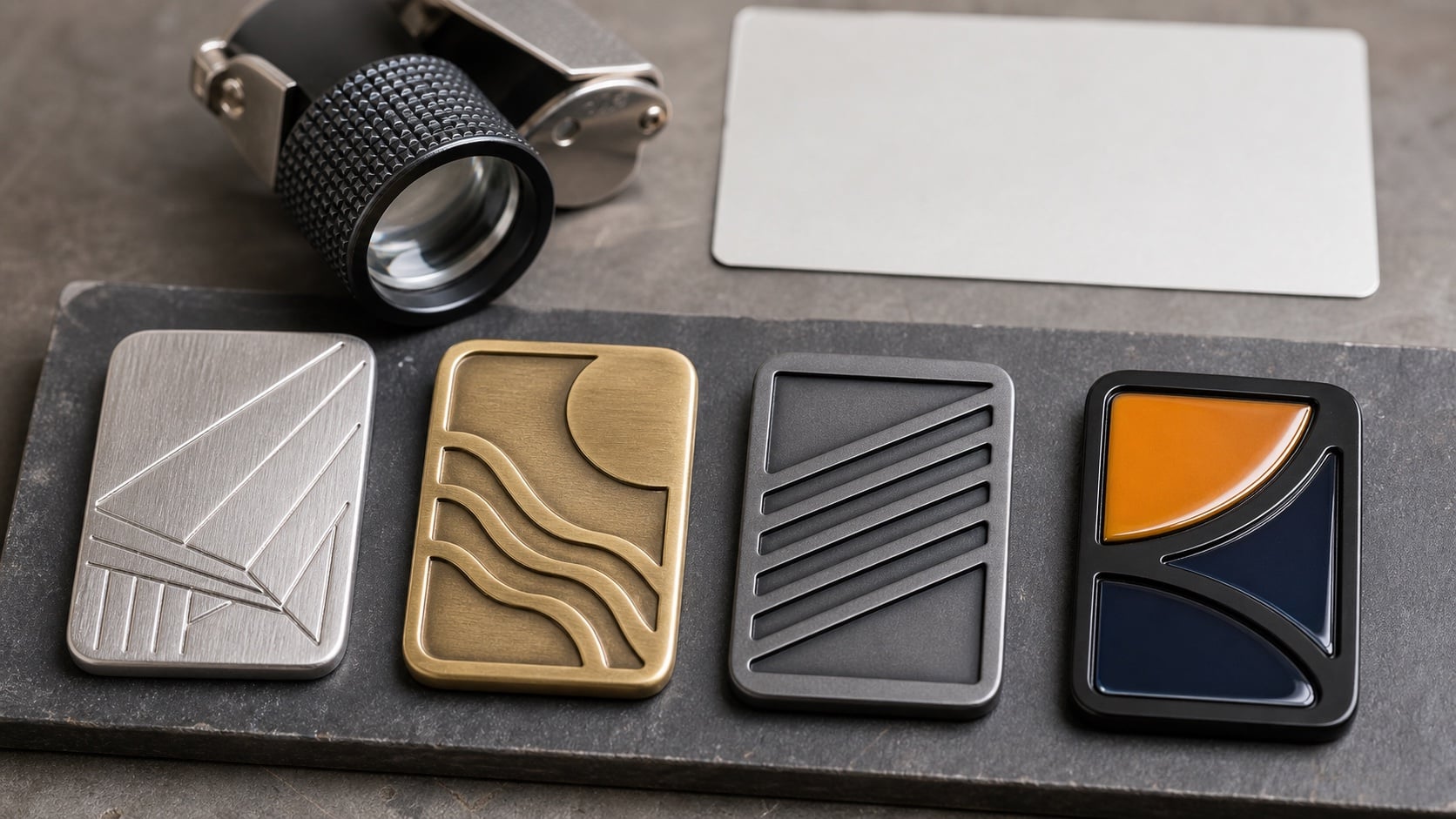 Metal samples comparing engraved, raised, recessed, and color-filled logo method effects