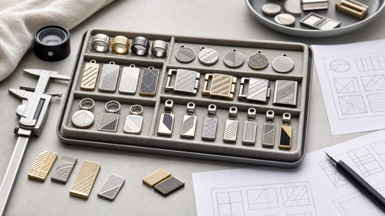 Custom metal accessory samples comparing engraving, raised detail, recessed detail, and finish contrast