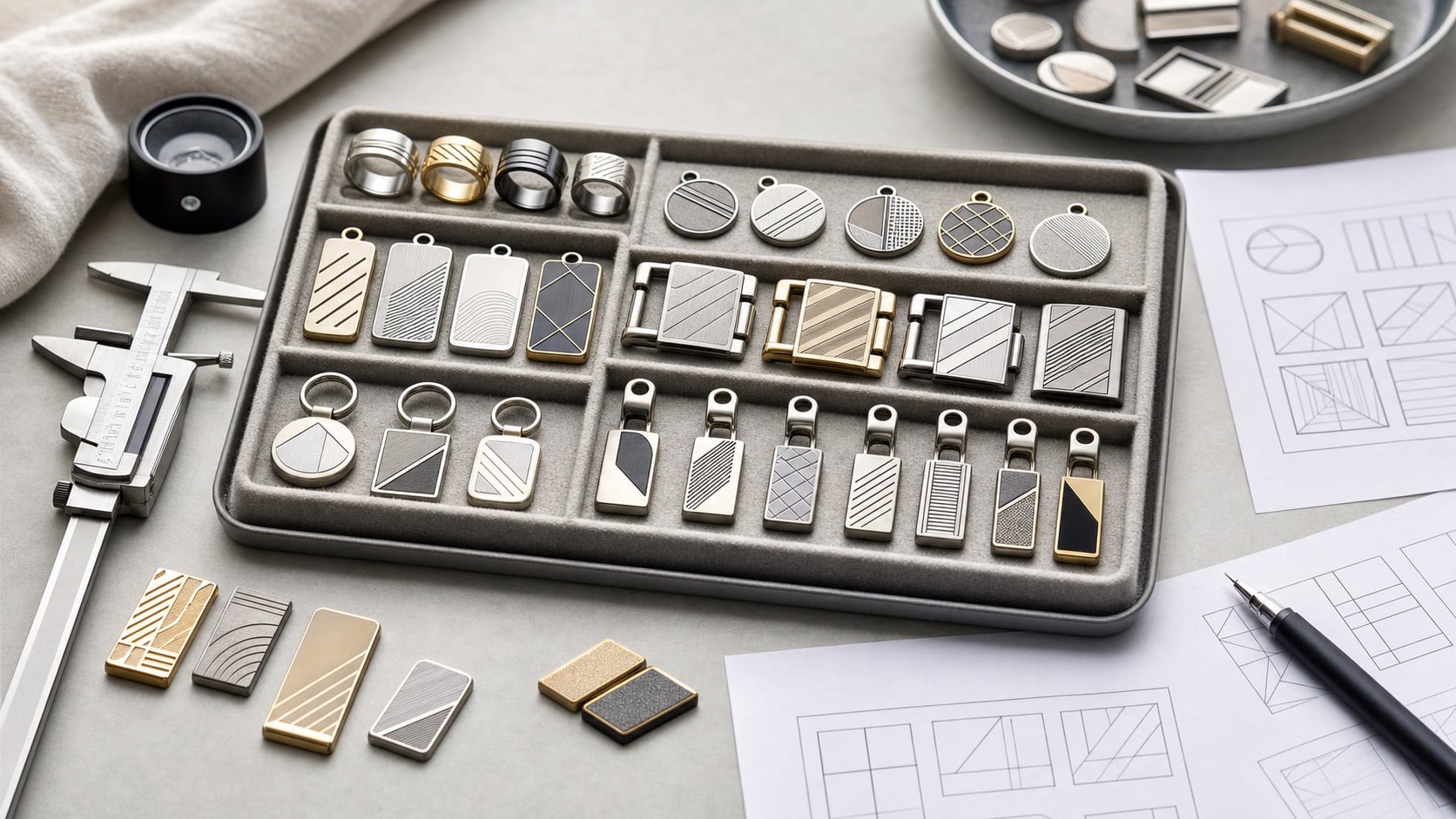 Custom metal accessory samples comparing engraving, raised detail, recessed detail, and finish contrast